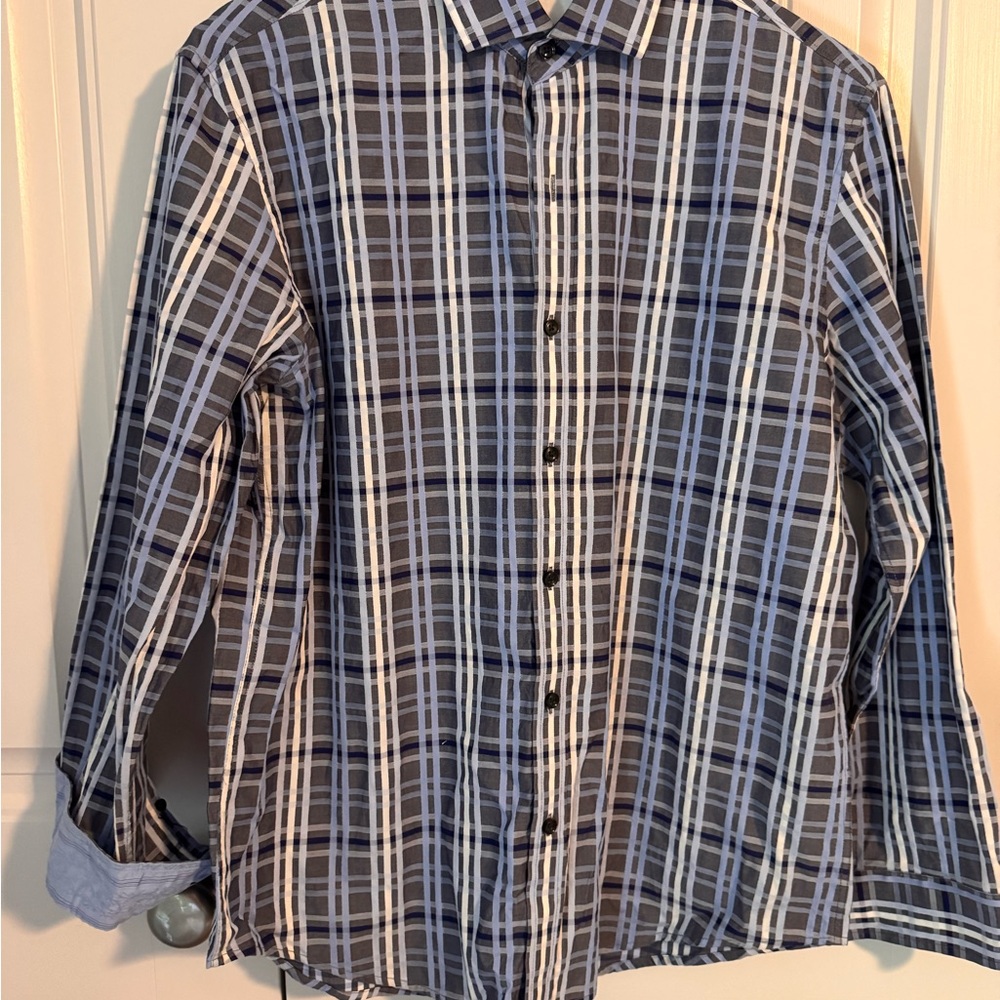 Tasso Elba Light Blue, Navy and White Plaid Shirt